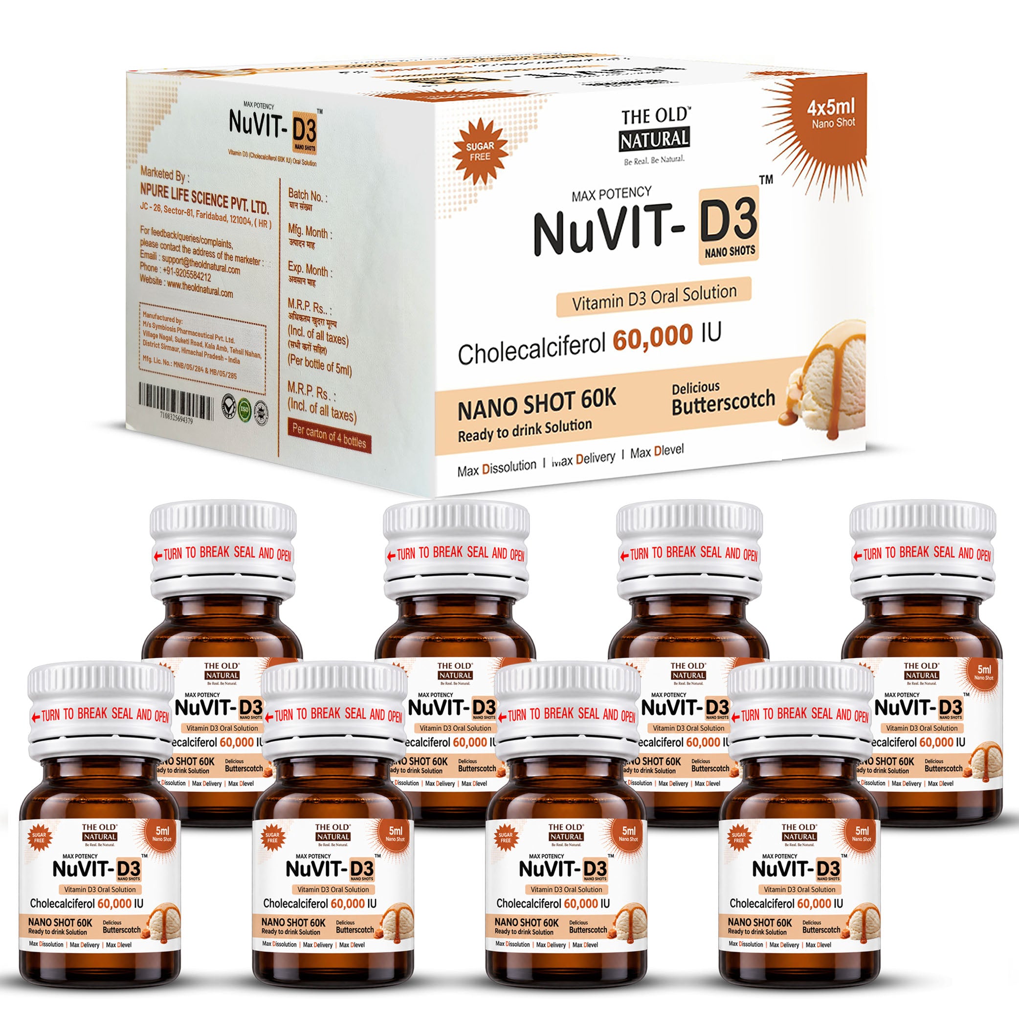 NuVit D3 60K iu Shots ( 5ml*4 Shots ) | Pack of 2 | Sugar Free | Butterscotch Flavour