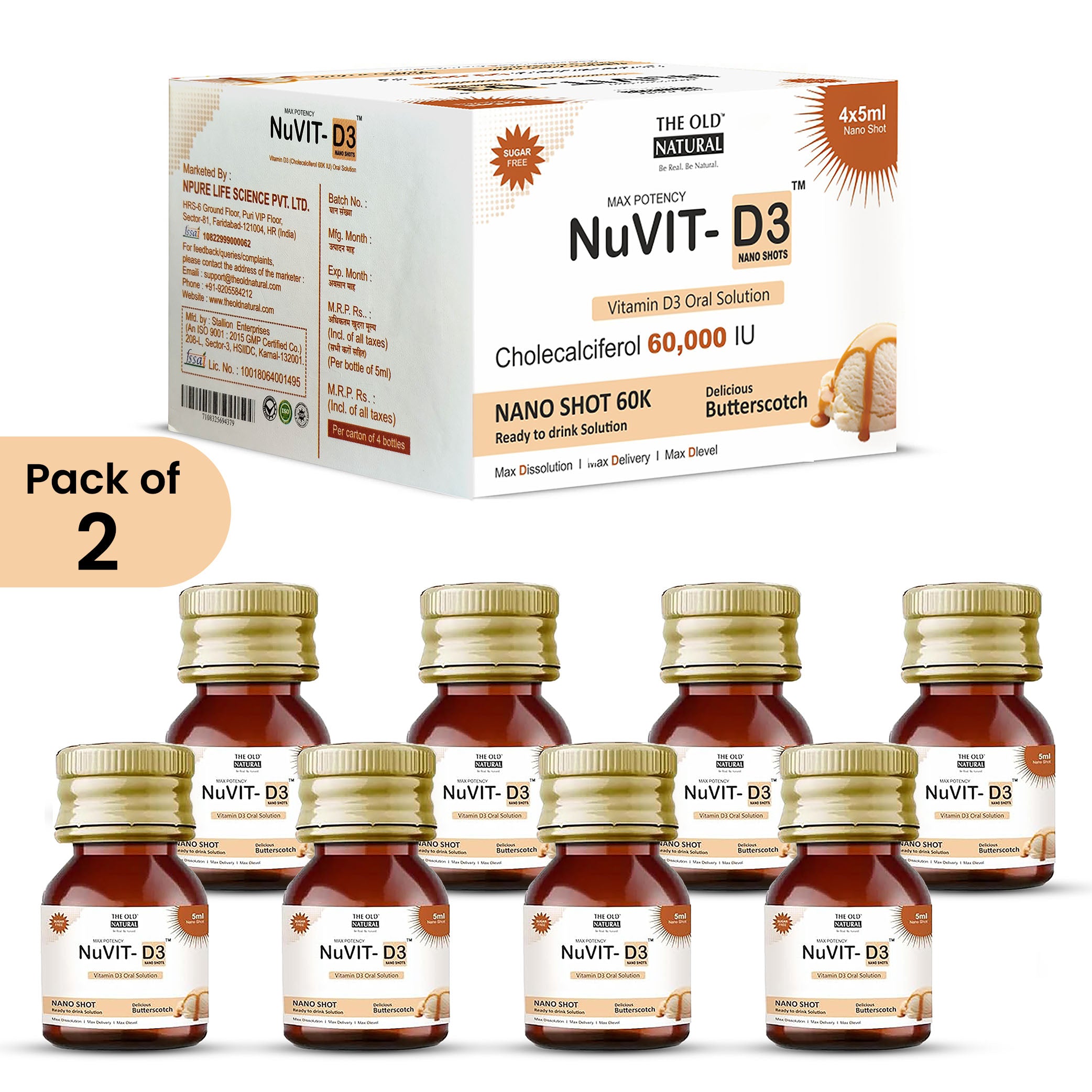 NuVit D3 60K iu Shots ( 5ml*4 Shots ) | Pack of 2 | Sugar Free | Butterscotch Flavour