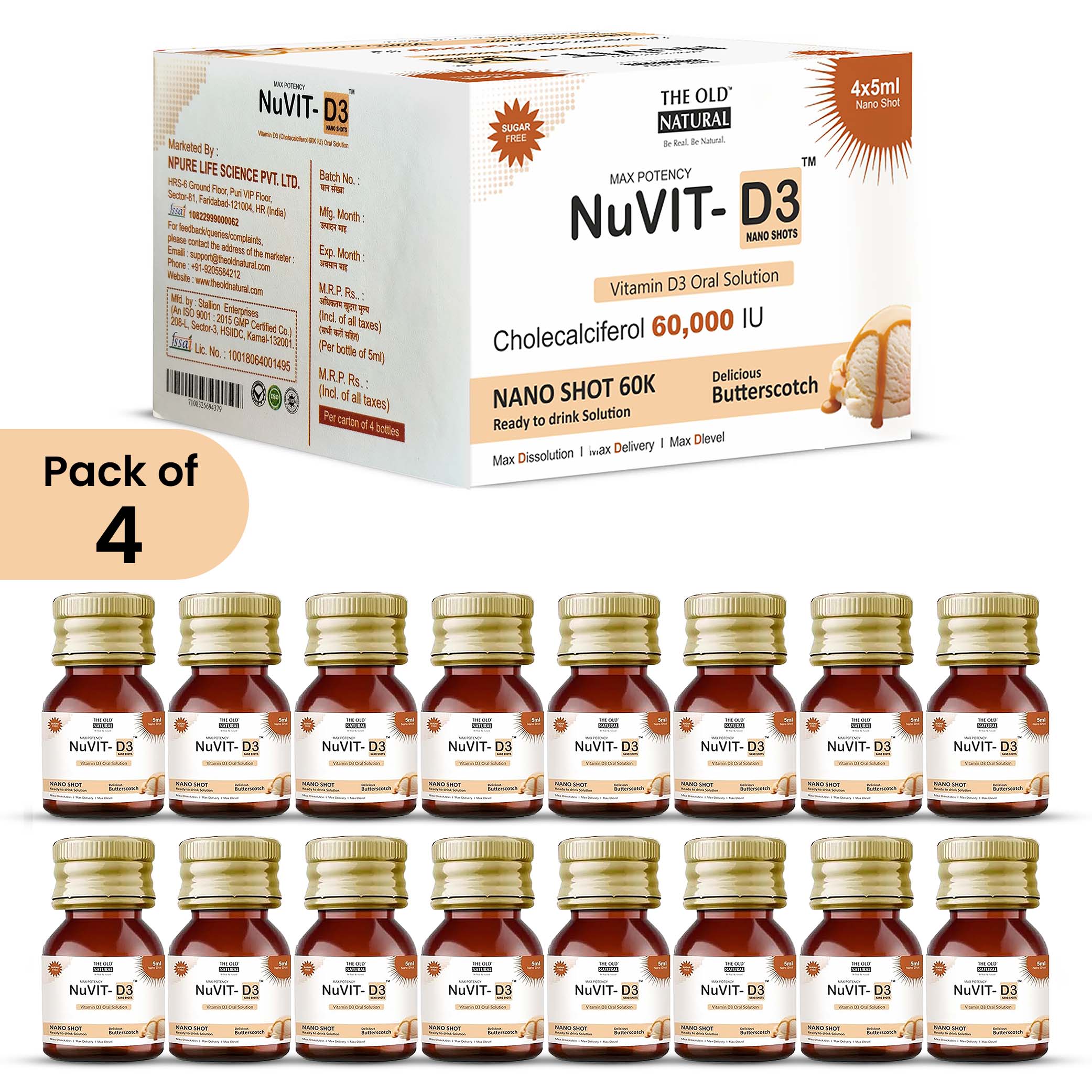 NuVit D3 60K iu Shots ( 5ml*4 Shots ) | Pack of 2 | Sugar Free | Butterscotch Flavour