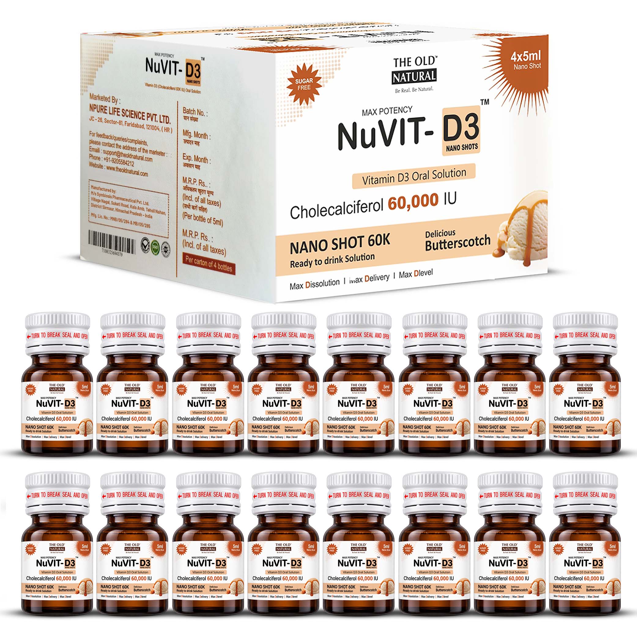 NuVit D3 60K iu Shots ( 5ml*4 Shots ) | Pack of 2 | Sugar Free | Butterscotch Flavour