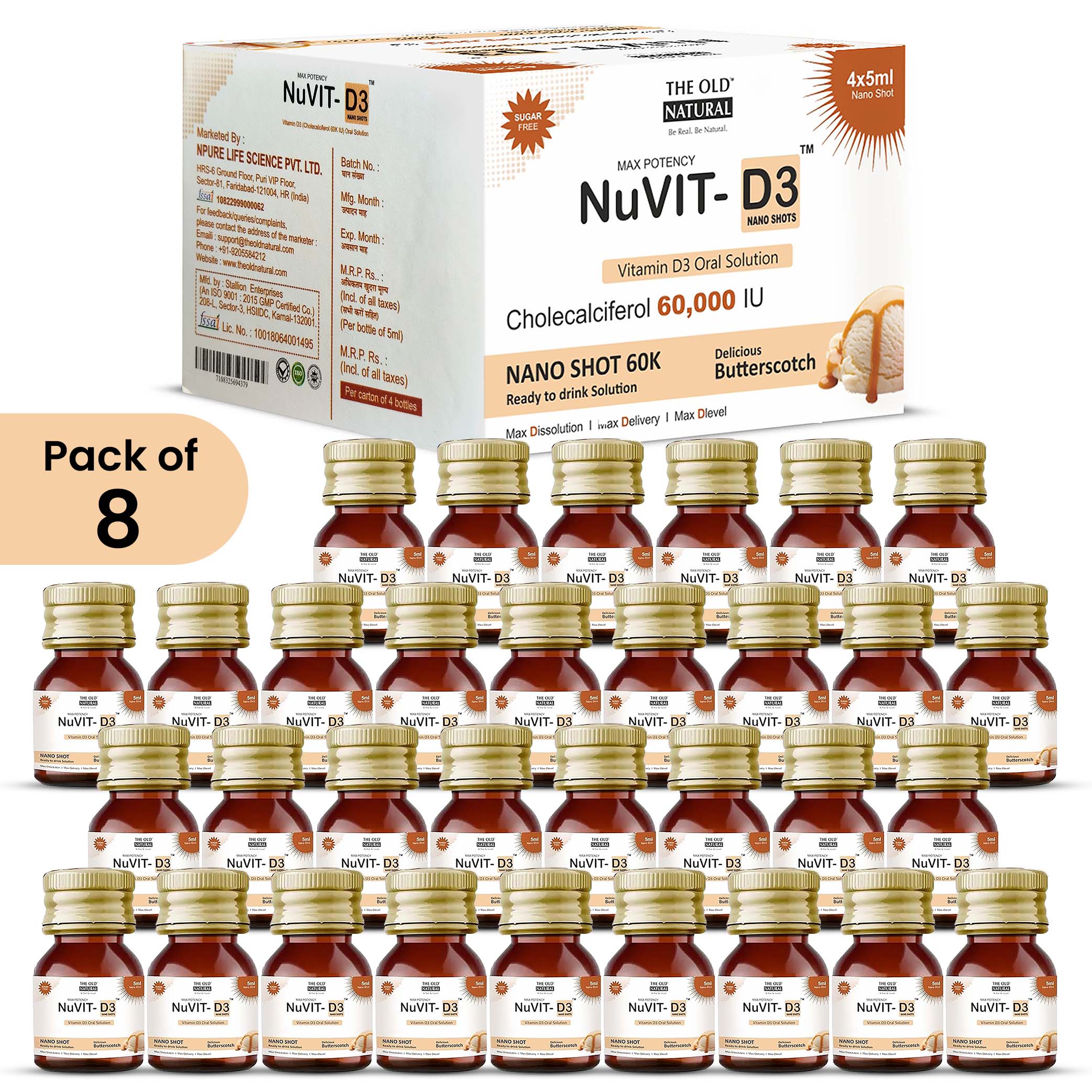 NuVit D3 60K iu Shots ( 5ml*4 Shots ) | Pack of 2 | Sugar Free | Butterscotch Flavour