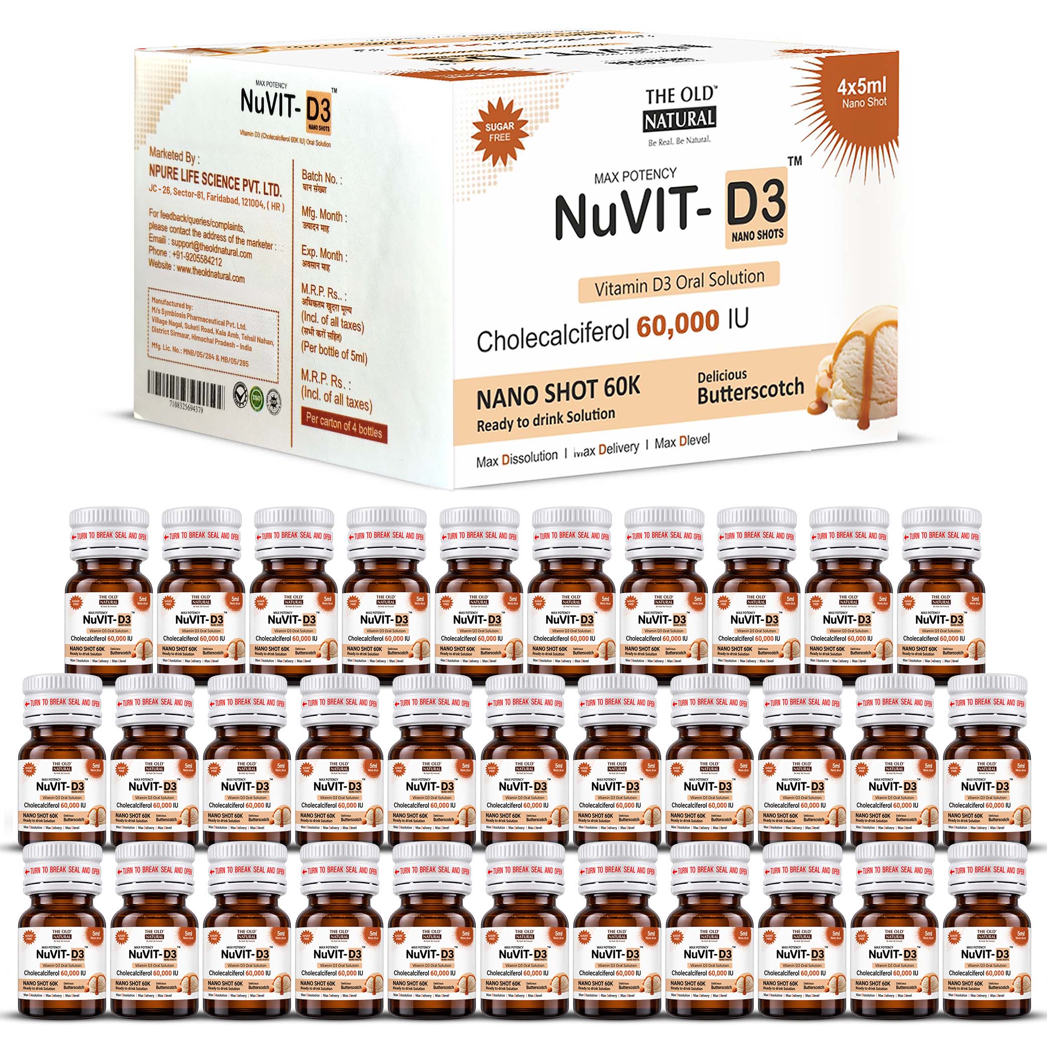 NuVit D3 60K iu Shots ( 5ml*4 Shots ) | Pack of 2 | Sugar Free | Butterscotch Flavour