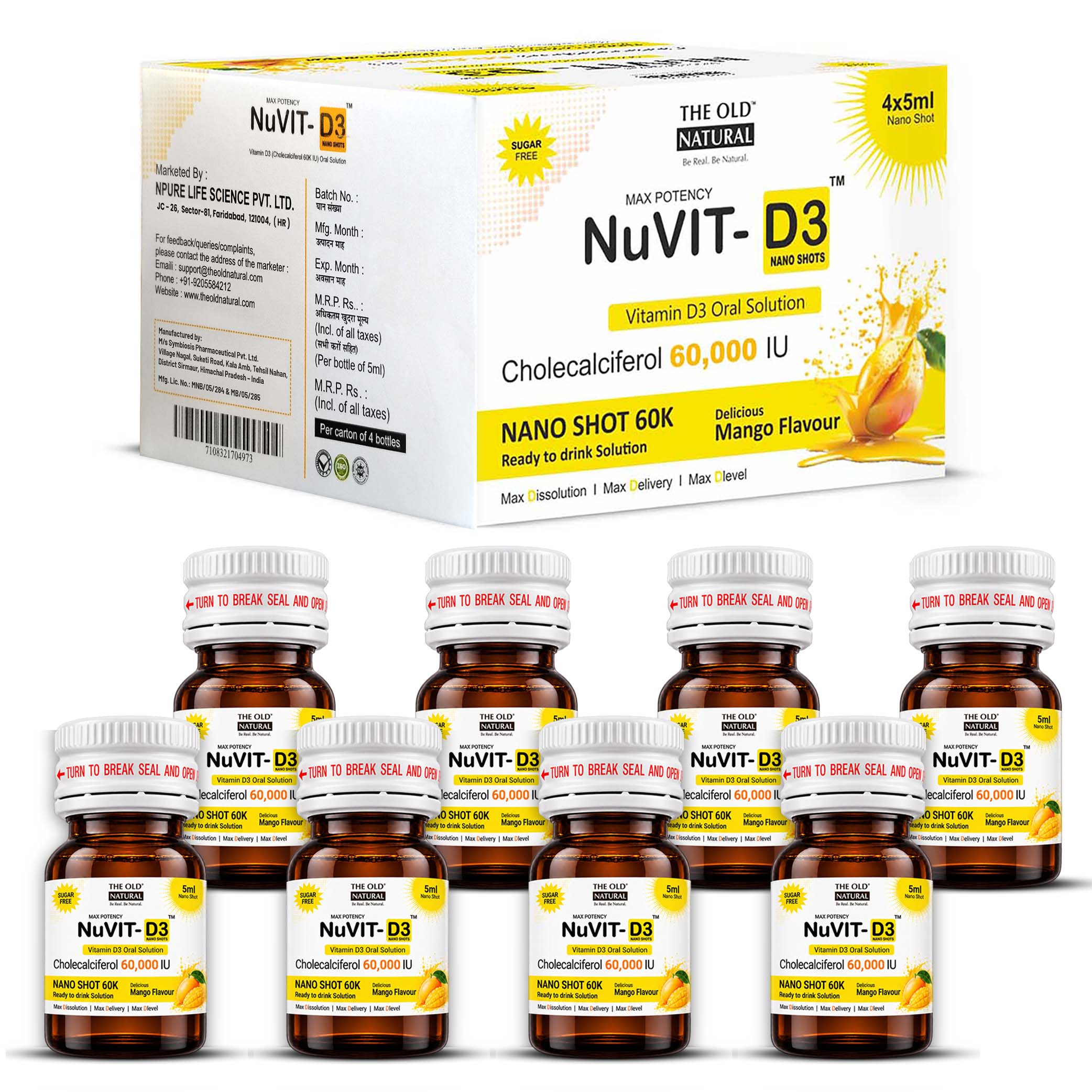Nuvit D3 60K iu Shots ( 5ml*4 Shots ) | Pack of 2 | Sugar Free | Mango Flavour