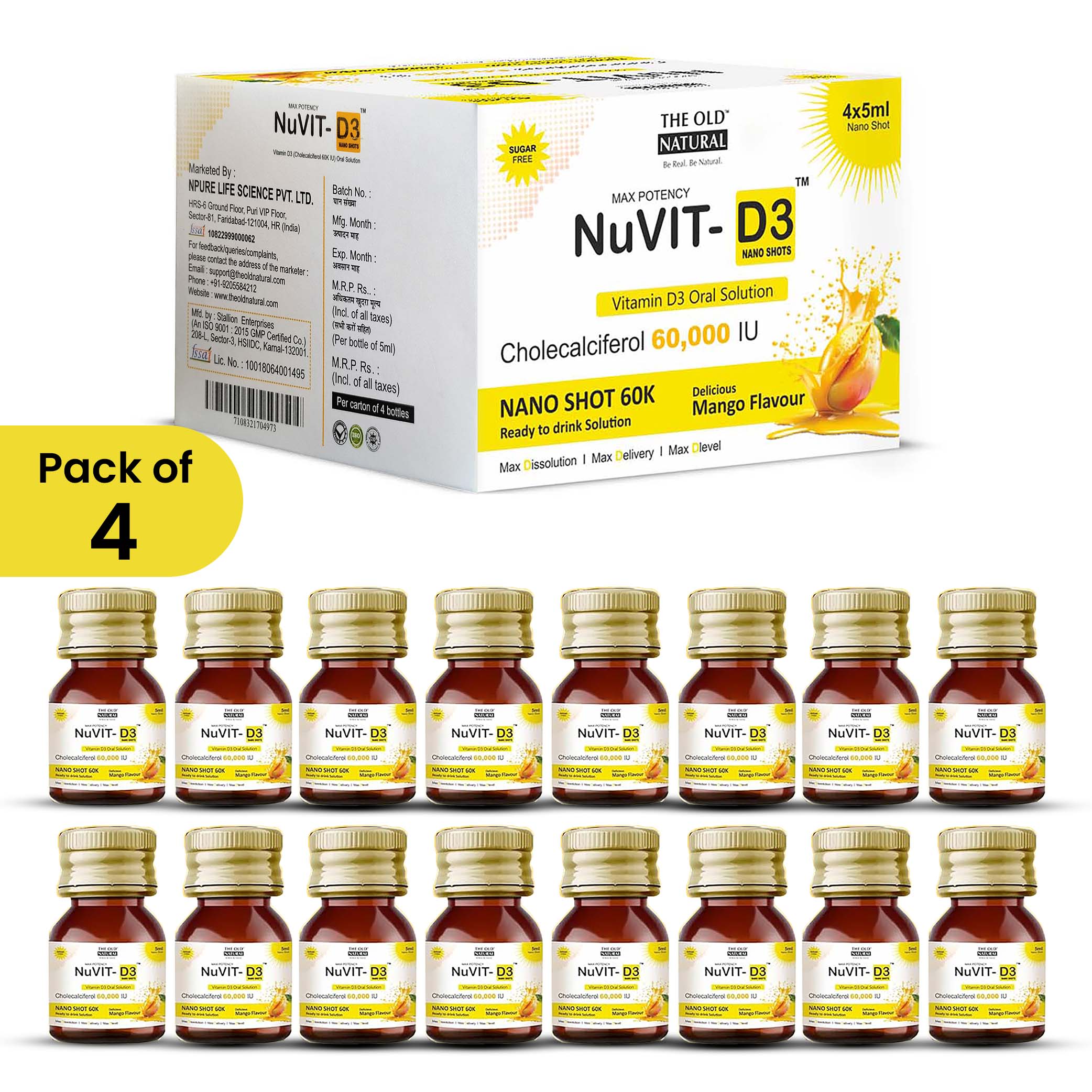 Nuvit D3 60K iu Shots ( 5ml*4 Shots ) | Pack of 2 | Sugar Free | Mango Flavour