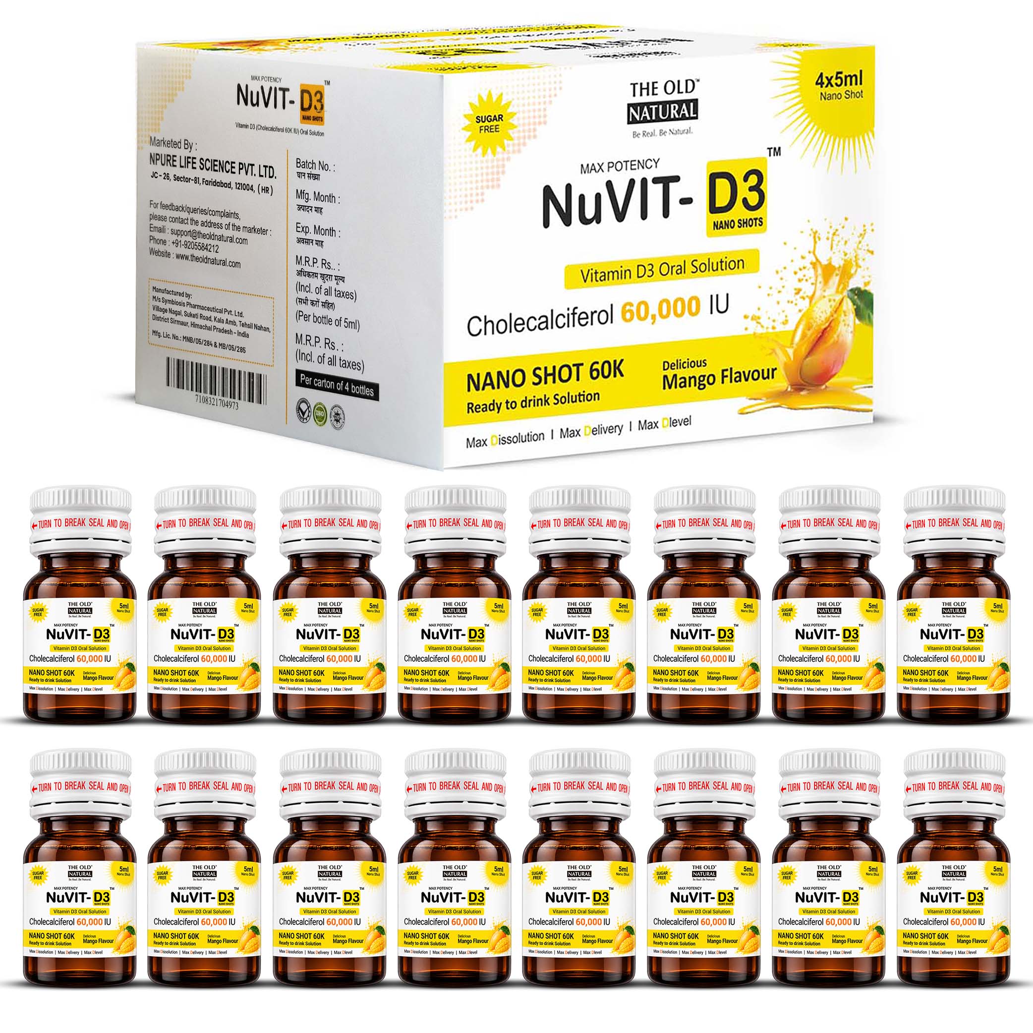 Nuvit D3 60K iu Shots ( 5ml*4 Shots ) | Pack of 2 | Sugar Free | Mango Flavour