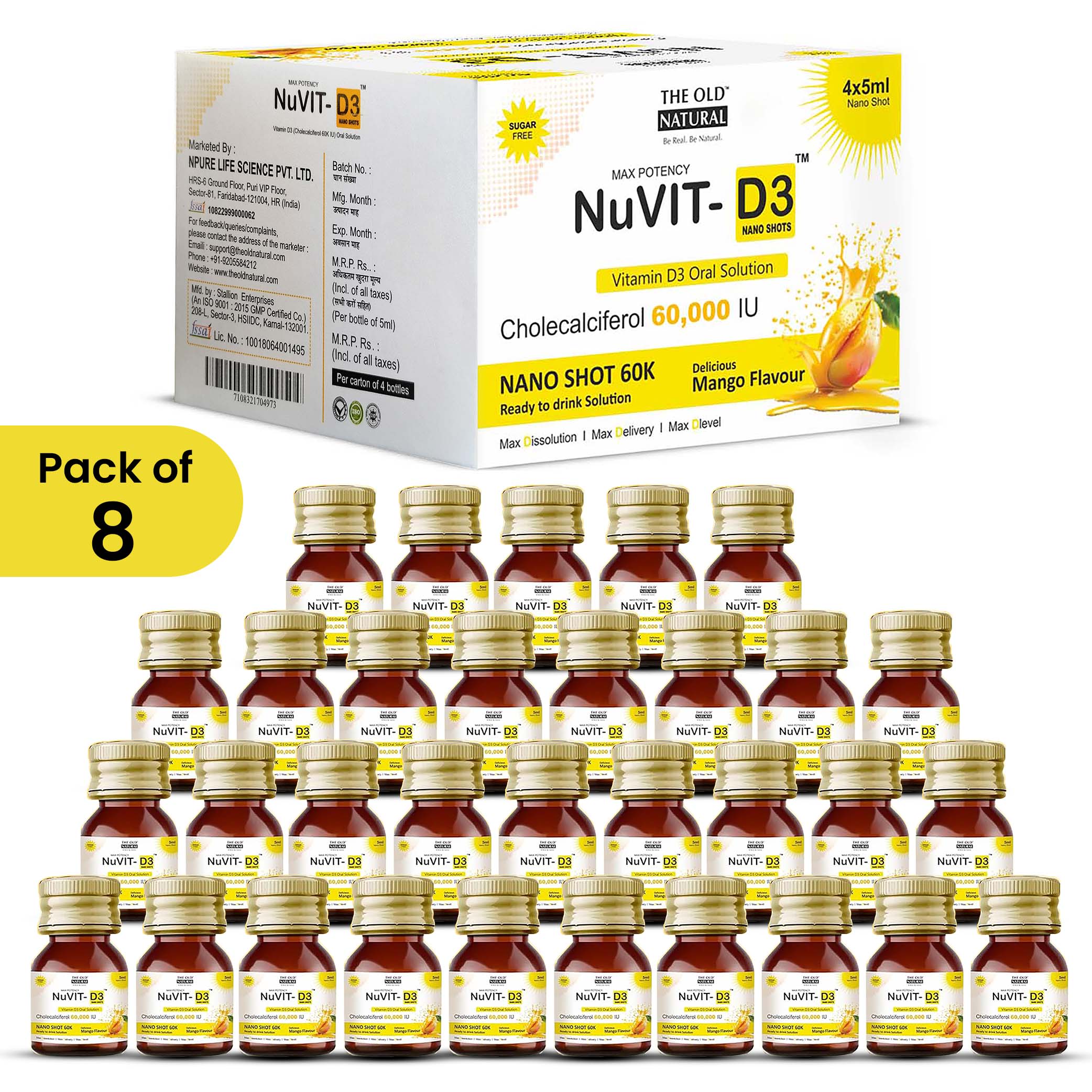 Nuvit D3 60K iu Shots ( 5ml*4 Shots ) | Pack of 2 | Sugar Free | Mango Flavour