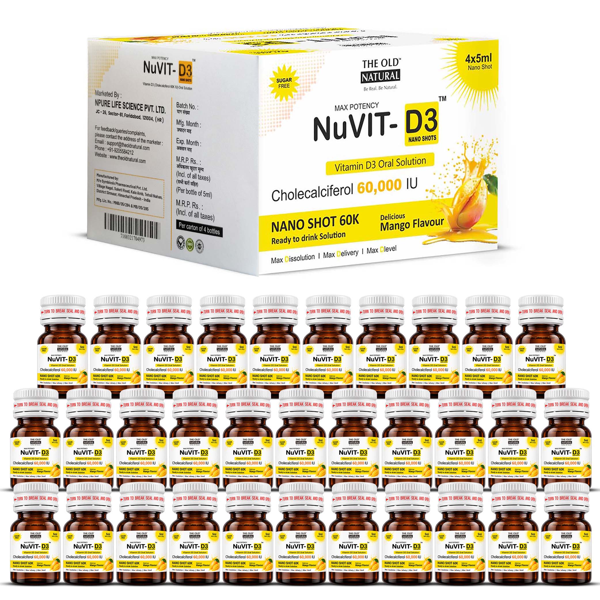 Nuvit D3 60K iu Shots ( 5ml*4 Shots ) | Pack of 2 | Sugar Free | Mango Flavour