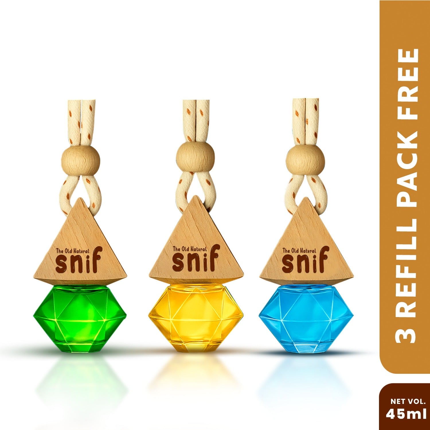 Snif Diamond Hanging Car Air Freshener with Refill Pack (Jazzy Jasmine, Breezy blue, White Oudh 10ml + 15ml Refill Pack)