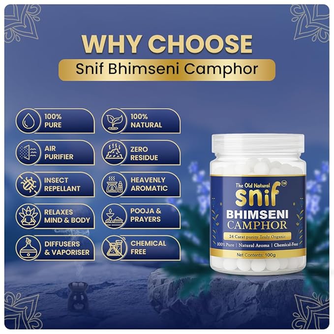 Snif Bhimseni Camphor Tablets | 100% Pure & Natural Camphor from Pine Tree Extract | Ideal for Pooja, Diffusers, Meditation & Aarti (100g)