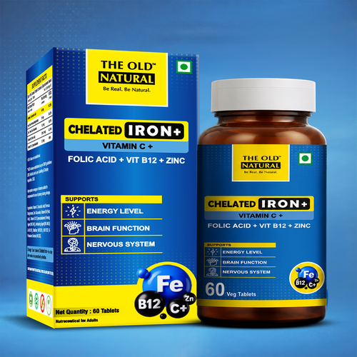 Chelated Iron Supplement with Vitamin C, Folic Acid, B12 & Zinc | 60 Veg Tablets for Daily Nutritional Support