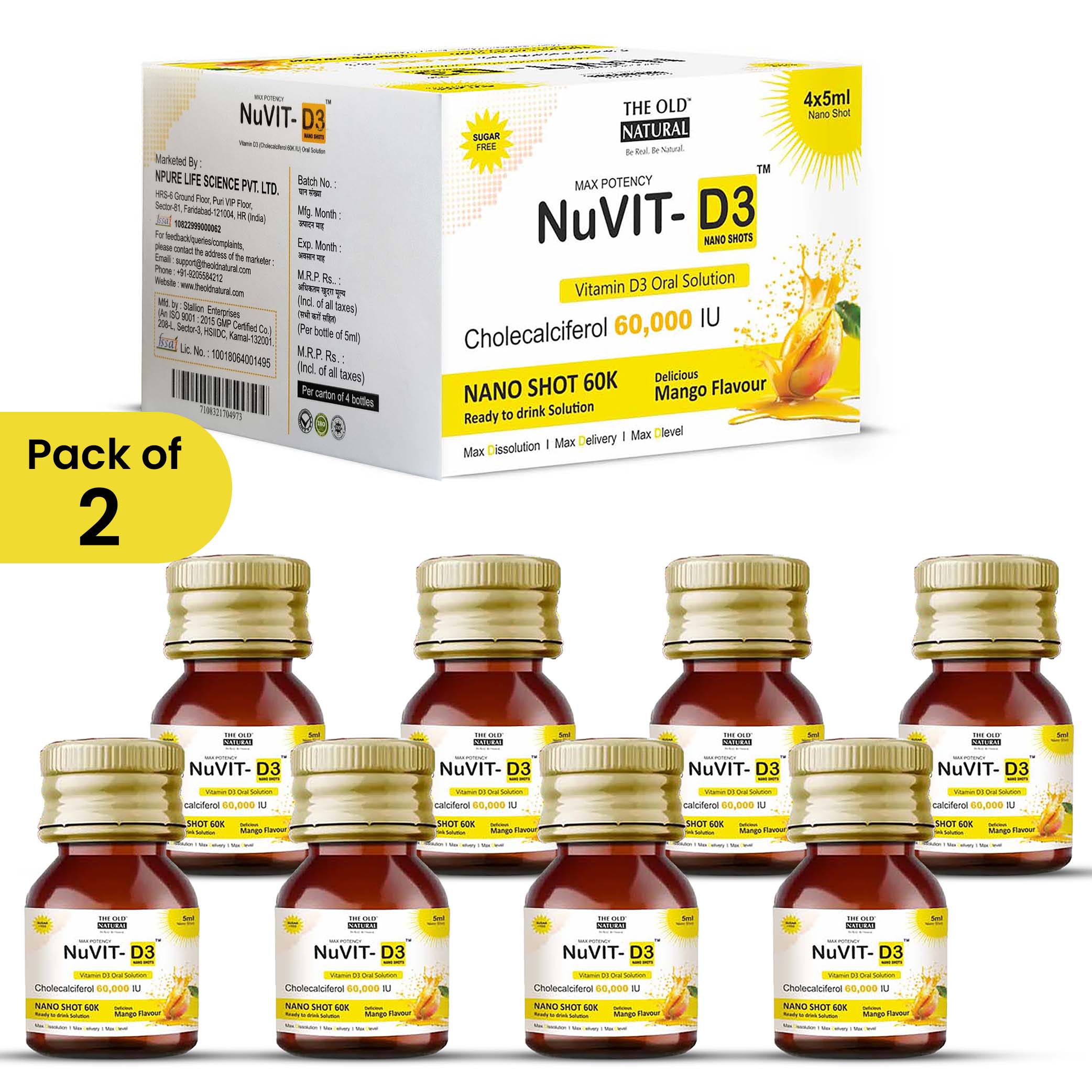 Nuvit D3 60K iu Shots ( 5ml*4 Shots ) | Pack of 2 | Sugar Free | Mango Flavour