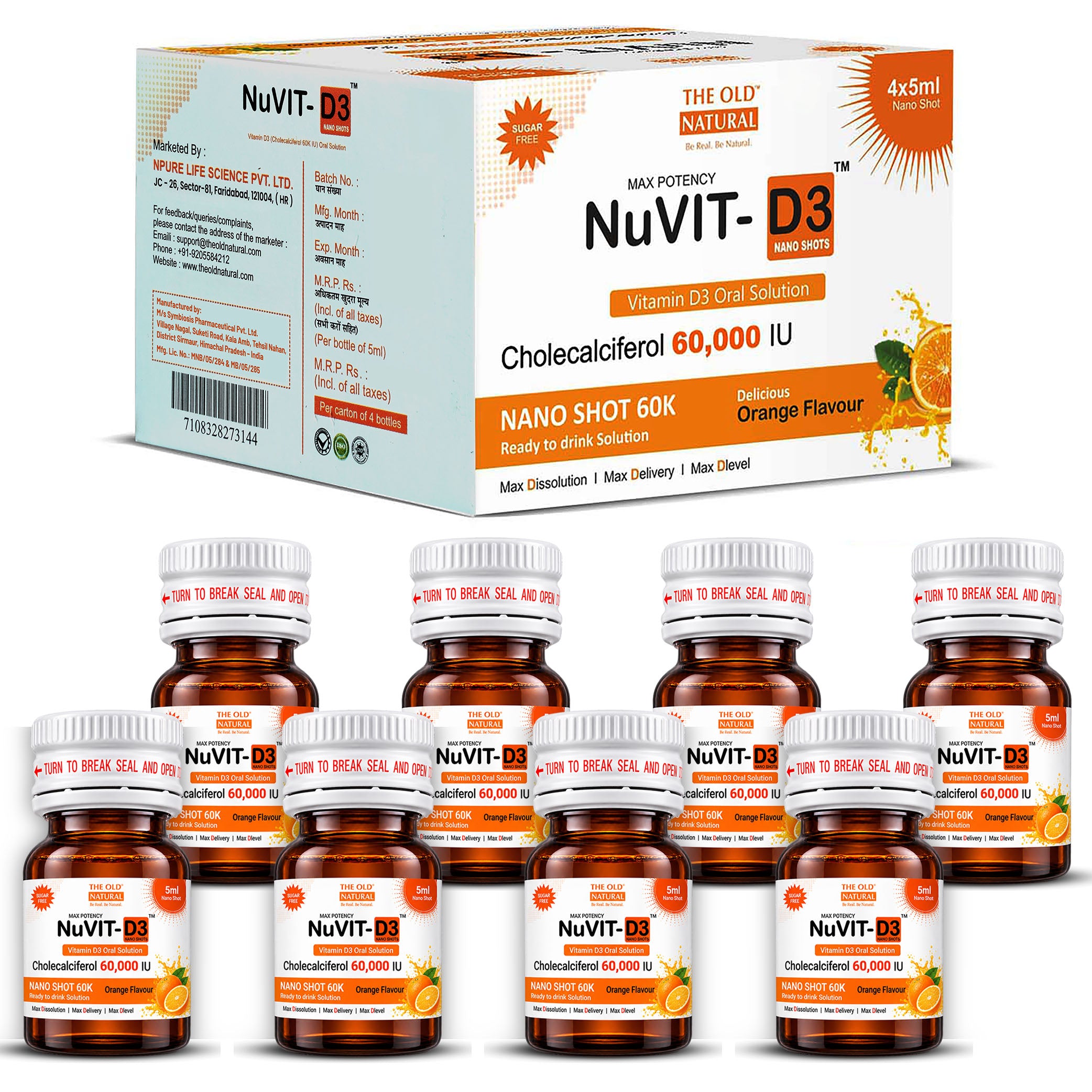 NuVit D3 60K iu Shots ( 5ml*4 Shots ) | Pack of 2 | Sugar Free | Orange Flavour