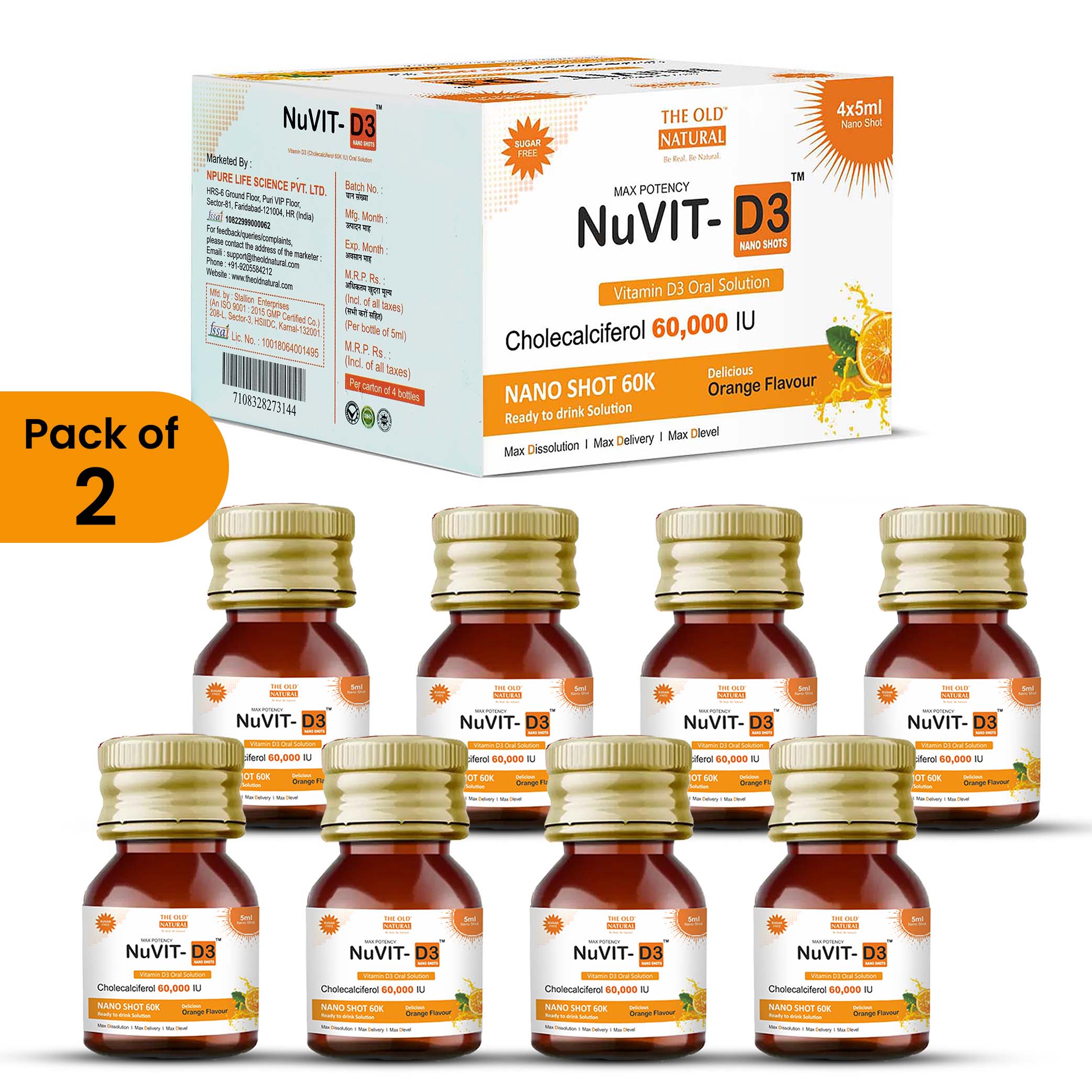NuVit D3 60K iu Shots ( 5ml*4 Shots ) | Pack of 2 | Sugar Free | Orange Flavour