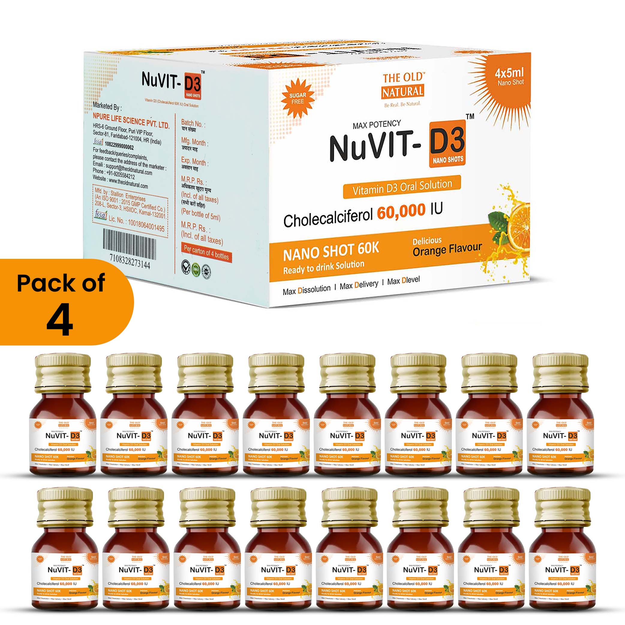 NuVit D3 60K iu Shots ( 5ml*4 Shots ) | Pack of 2 | Sugar Free | Orange Flavour