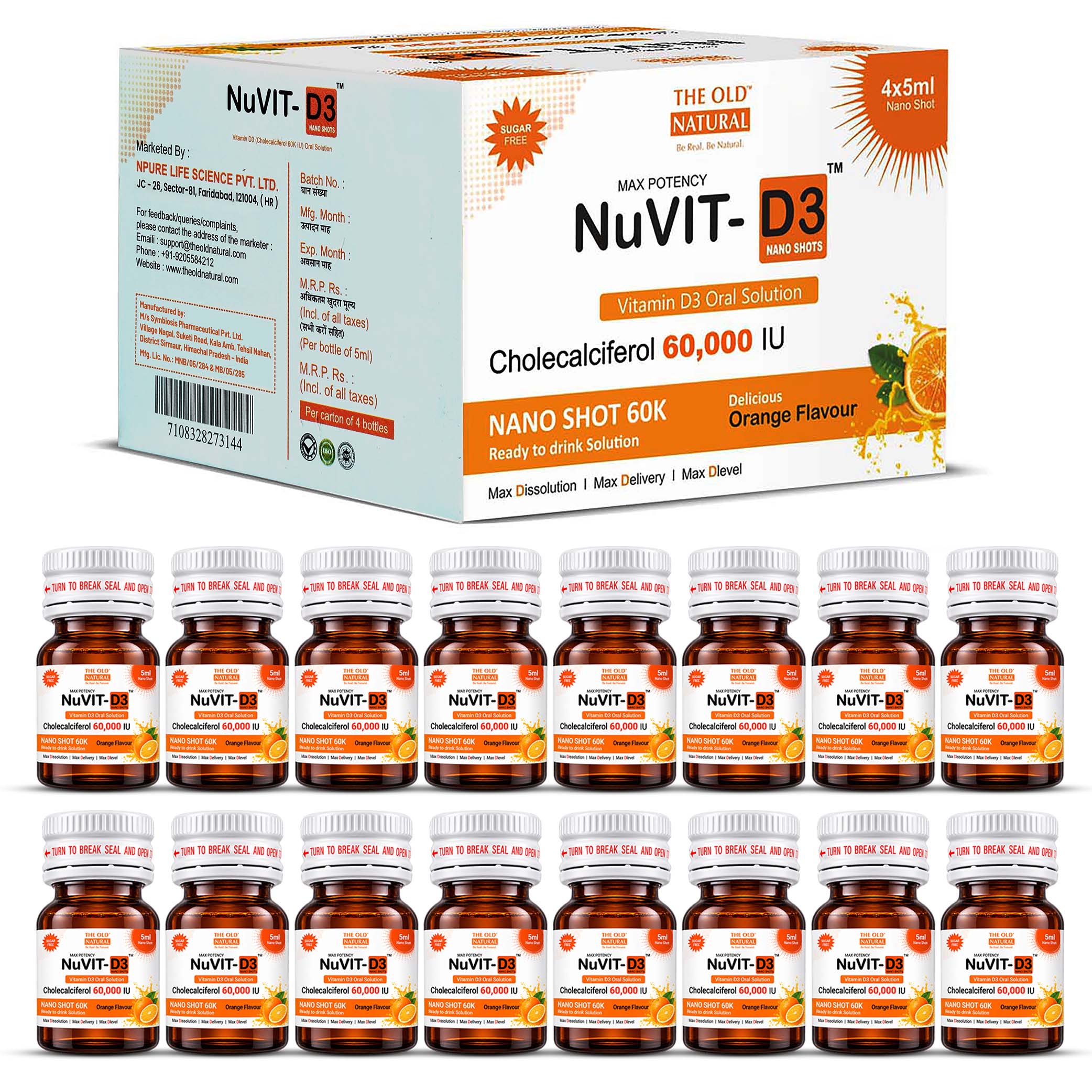 NuVit D3 60K iu Shots ( 5ml*4 Shots ) | Pack of 2 | Sugar Free | Orange Flavour