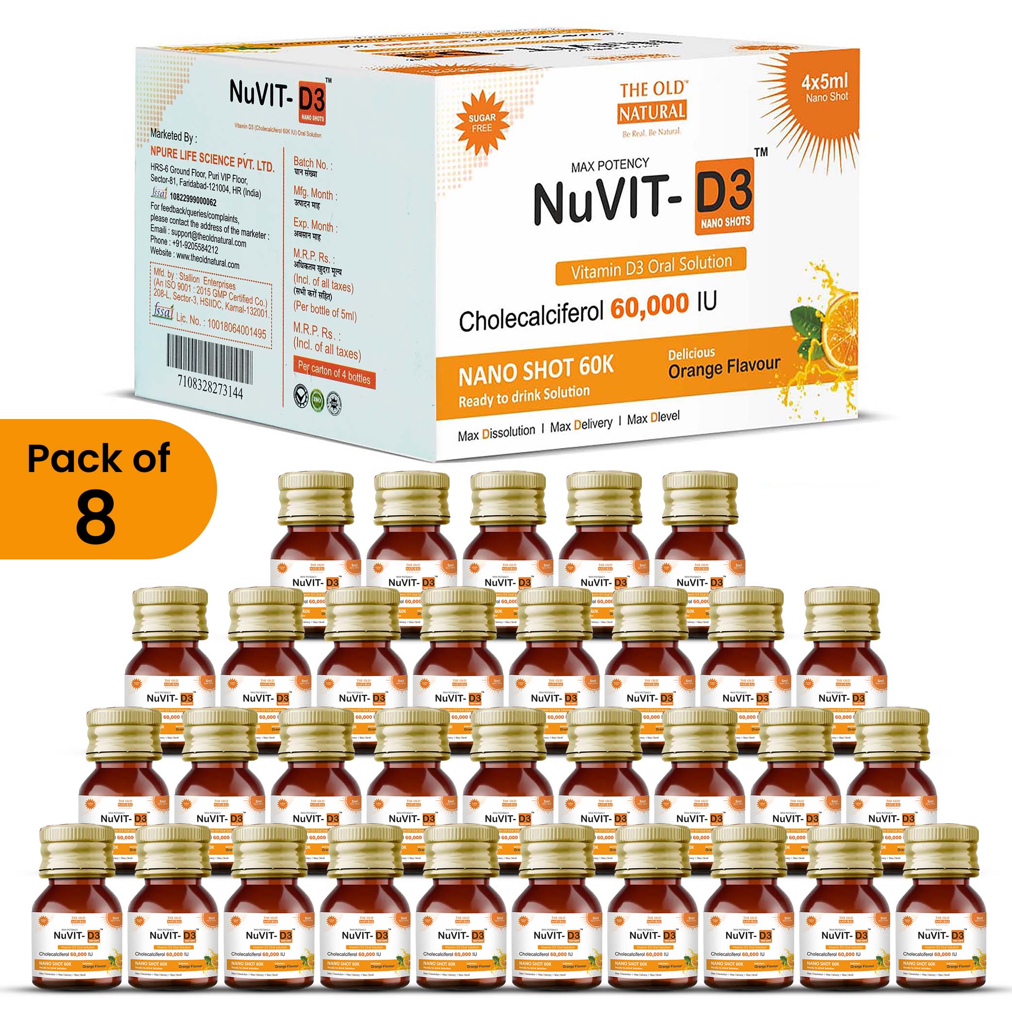 NuVit D3 60K iu Shots ( 5ml*4 Shots ) | Pack of 2 | Sugar Free | Orange Flavour