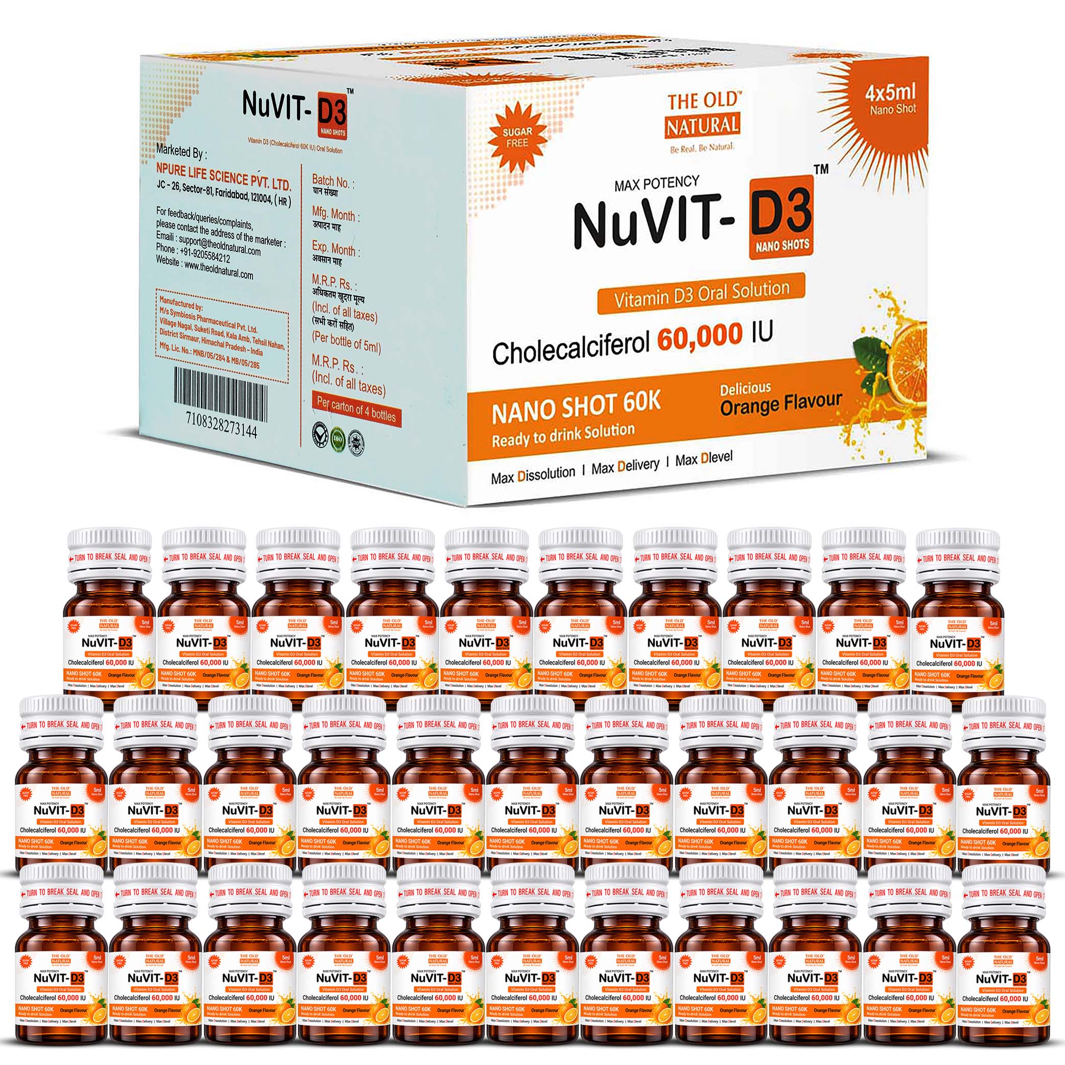 NuVit D3 60K iu Shots ( 5ml*4 Shots ) | Pack of 2 | Sugar Free | Orange Flavour